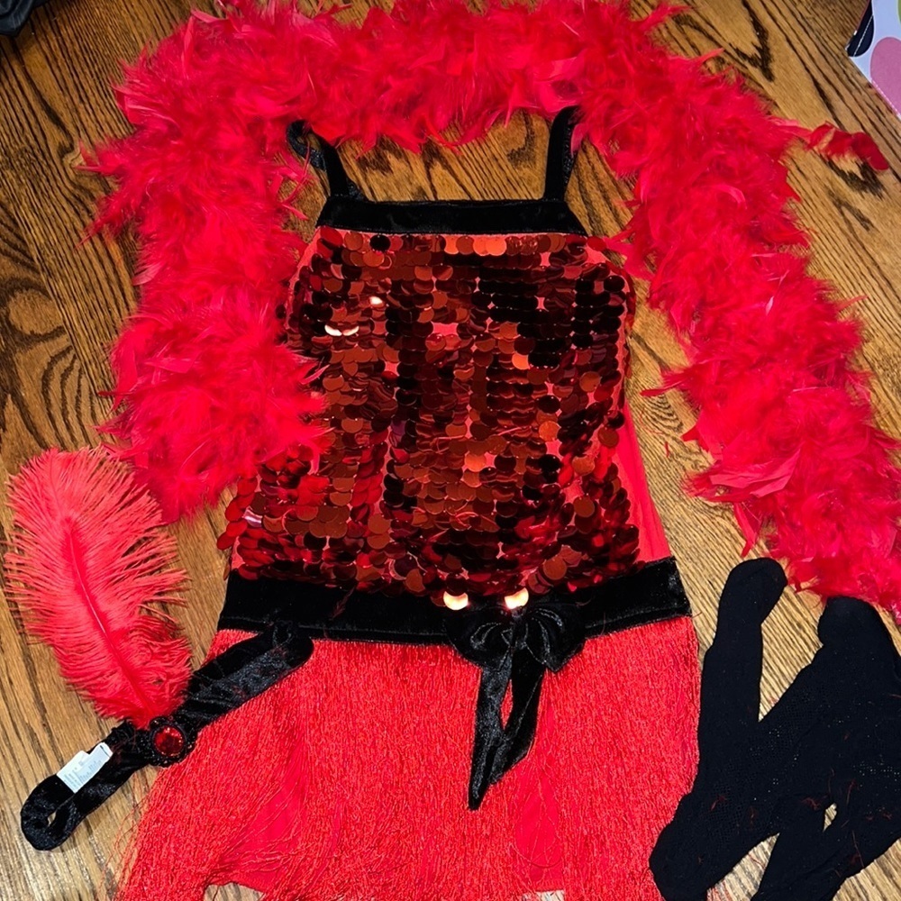 Girls red and black sequin and fringe flapper dress with accessories size 7-8